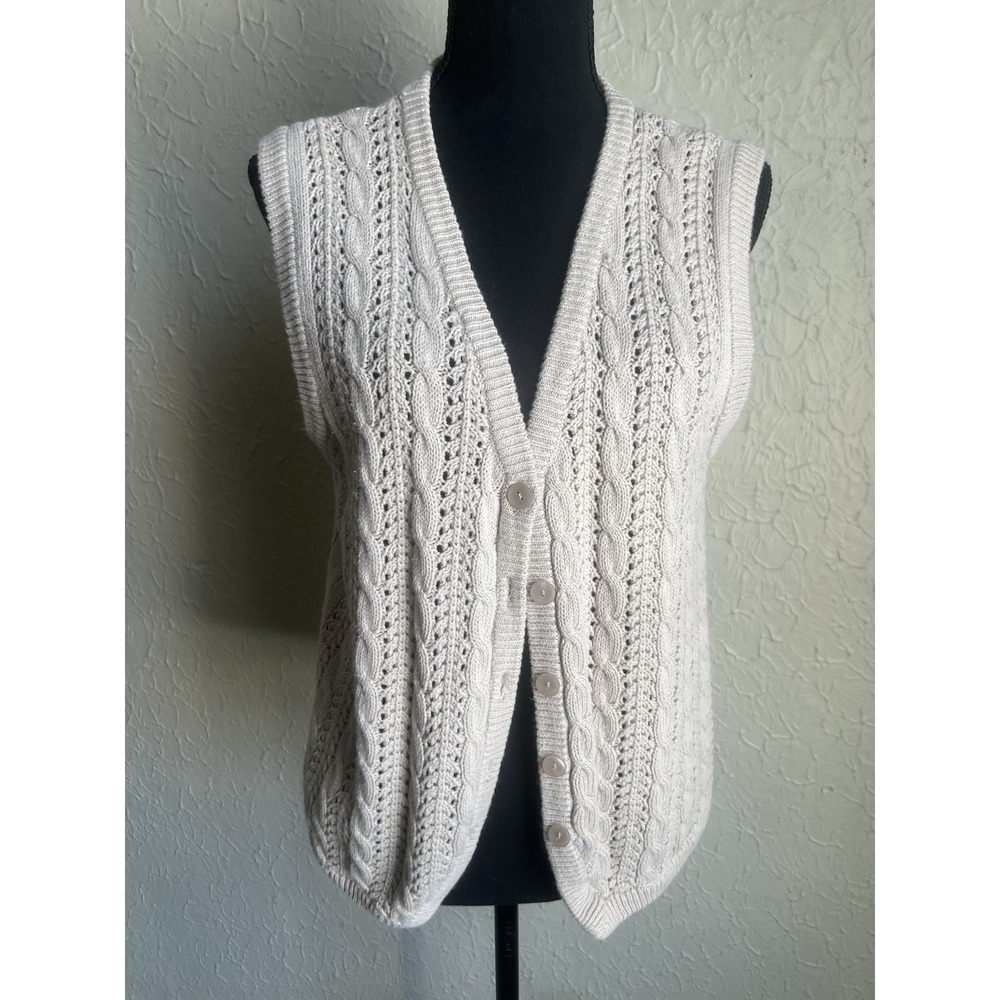 VTG Appleseeds Sweater Vest Women's L Beige Cotton Chunky Cable Knit Grandmacore